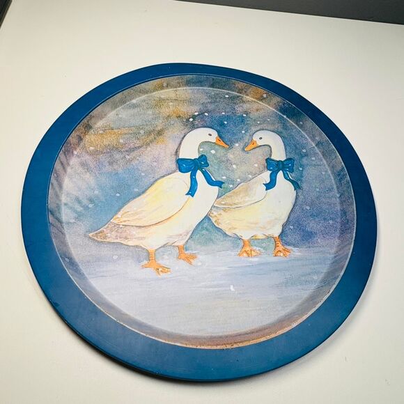 Snowy Geese with Blue ribbons Tin Tray - Picture 1 of 6